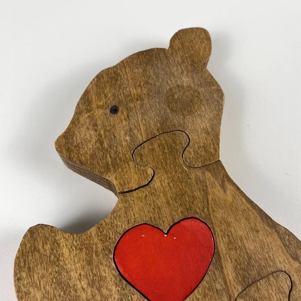 VTG Handmade Stained Wooden Bear Jigsaw Puzzle Figurine Retro Decor 7
